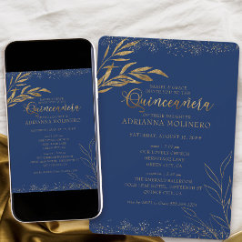 Quinceanera und Mass Royal Blue und Gold Leaf Einladung