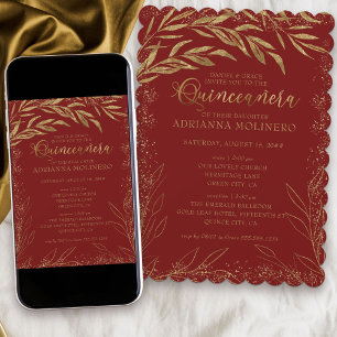 Quinceanera und Messe Rot und Gold Blätter Einladung