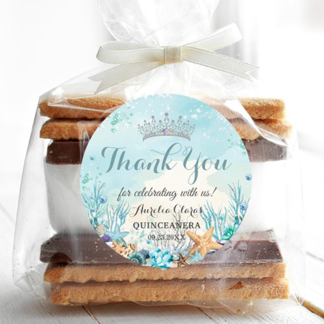 Quinceañera Unterhalb der Muscheln des Meeres Runder Aufkleber (under the sea Quinceañera quince xv sweet 16 birthday bridal shower round favor stickers labels)