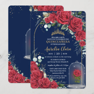 Quinceañera Verzauberte Rote Rose Blauer Navy Blau Einladung