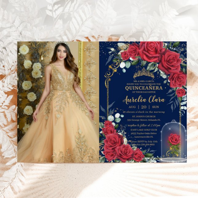 Quinceañera Verzauberte Rote Rose Blauer Navy Blau Einladung (beautiful enchanted rose fairytale red roses cloche Quinceañera Sweet 16 birthday photo invitation)