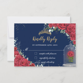 Quinceañera Verzauberte Rote Rose Blauer Navy Blau RSVP Karte
