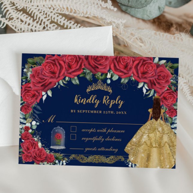 Quinceañera Verzauberte Rote Rose Blauer Navy Blau RSVP Karte (Von Creator hochgeladen)