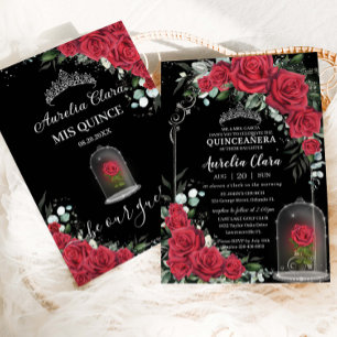 Quinceañera Verzauberte Rote Rose Floral Black Sil Einladung