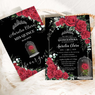 Quinceañera Verzauberte Rote Rose Floral Black Sil Einladung