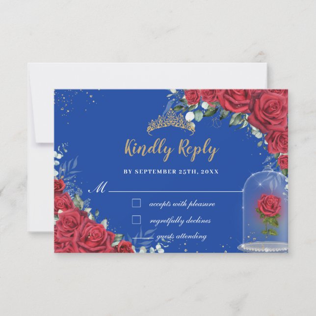 Quinceañera Verzauberte Rote Rose Floral Royal Blu RSVP Karte (Vorderseite)