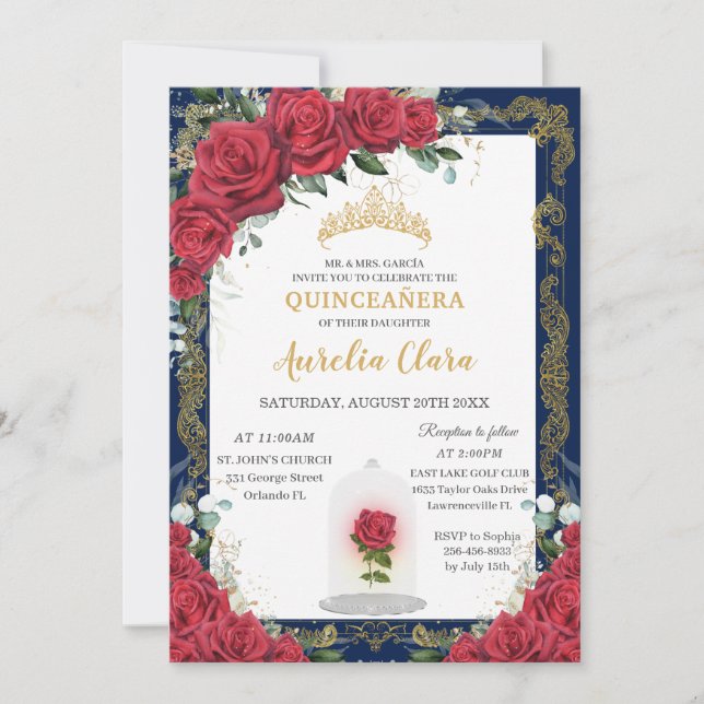 Quinceañera Verzauberte Rote Rose Navy Blue Gold Einladung (Vorderseite)
