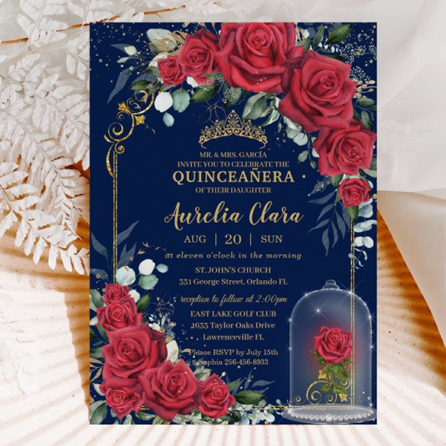 Quinceañera Verzauberte Rote Rosen Blauer Navy Bla Einladung (enchanted red roses Quinceañera sweet 16 birthday invitation card printed instant download)