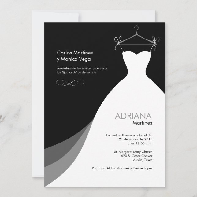 Quinceañera Vestido Schwarze Invitaciones Einladung (Vorderseite)
