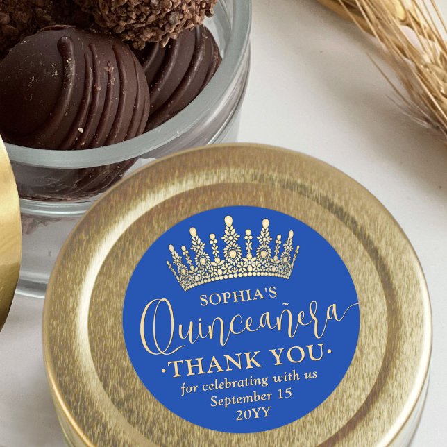 Quinceañera Vielen Dank Chic Royal Blue & Gold Cro Runder Aufkleber (Von Creator hochgeladen)
