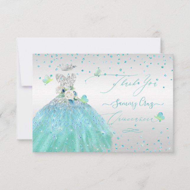 Quinceanera Vielen Dank Glitzer Silver Turquois Einladung (Vorderseite)