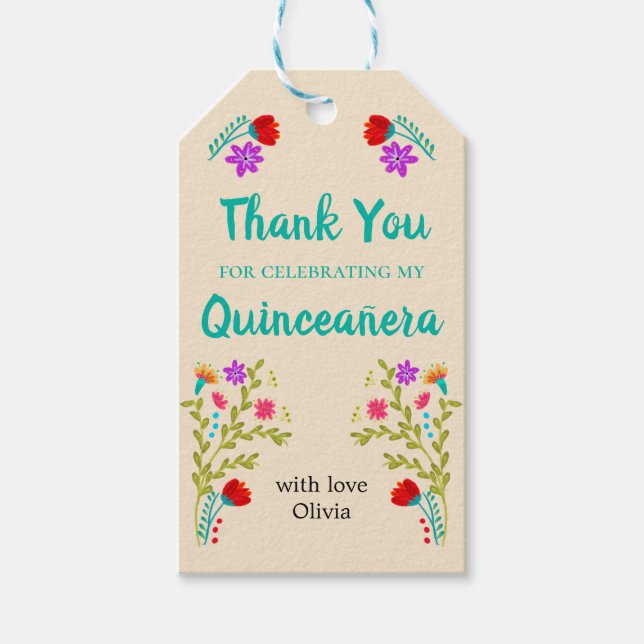 Quinceanera Vielen Dank, Türkis grüne Blume Geschenkanhänger (Vorderseite)