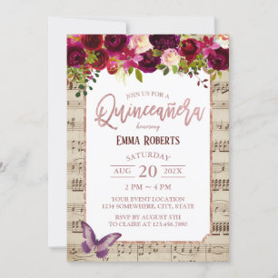Quinceanera Vintag Burgund Floral Music Geburtstag Einladung