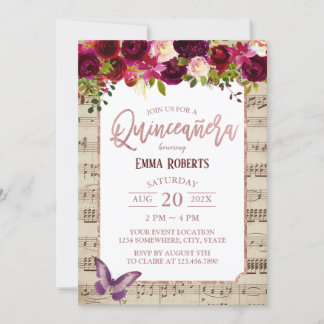 Quinceanera Vintag Burgund Floral Music Geburtstag Einladung