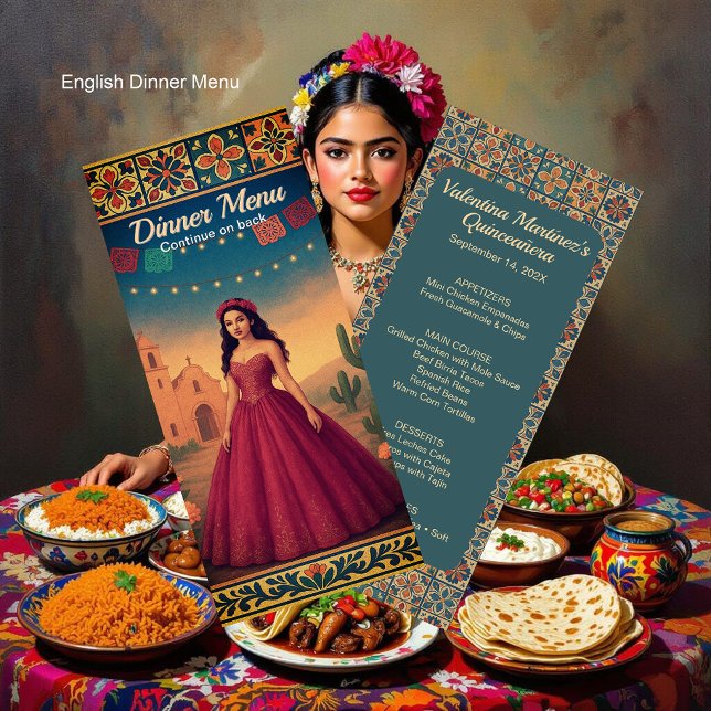 Quinceañera Vintag Red Gown Girl Menükarte (Quinceañera Vintage Red Gown Girl Birthday Dinner Menu)