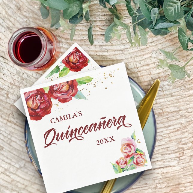 Quinceanera Vintag Red Pink Gold Floral Serviette (Quinceanera napkins from my Vintage Floral Red Roses Quinceanera Collection)