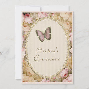 Quinceañera Vintage Rose Butterfly & Musiknotens Einladung