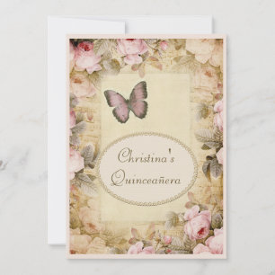 Quinceañera Vintage-Rosen Schmetterling & Noten Einladung