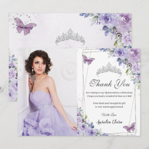 Quinceañera Violette Blumen Schmetterlinge 16 Dank Einladung