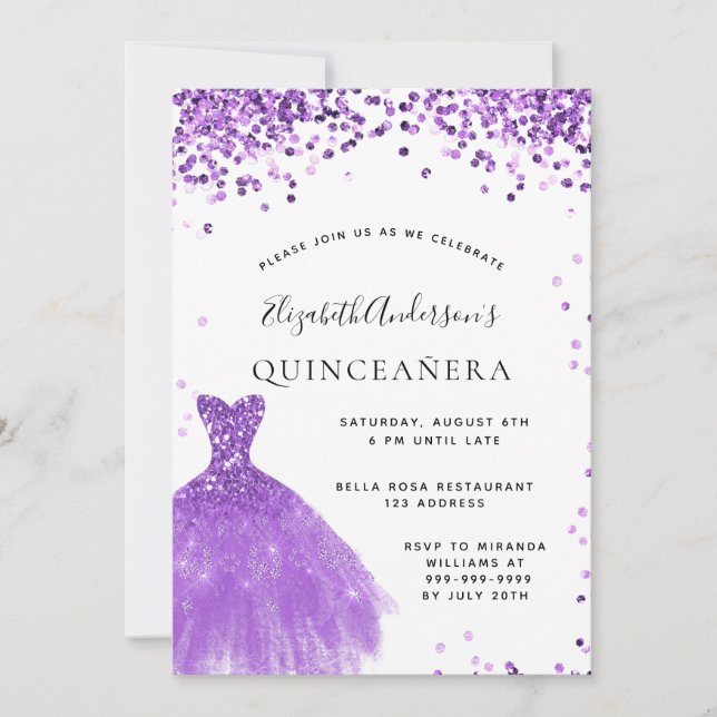 Quinceanera violettes Glitzer Glasur Einladung (Vorderseite)