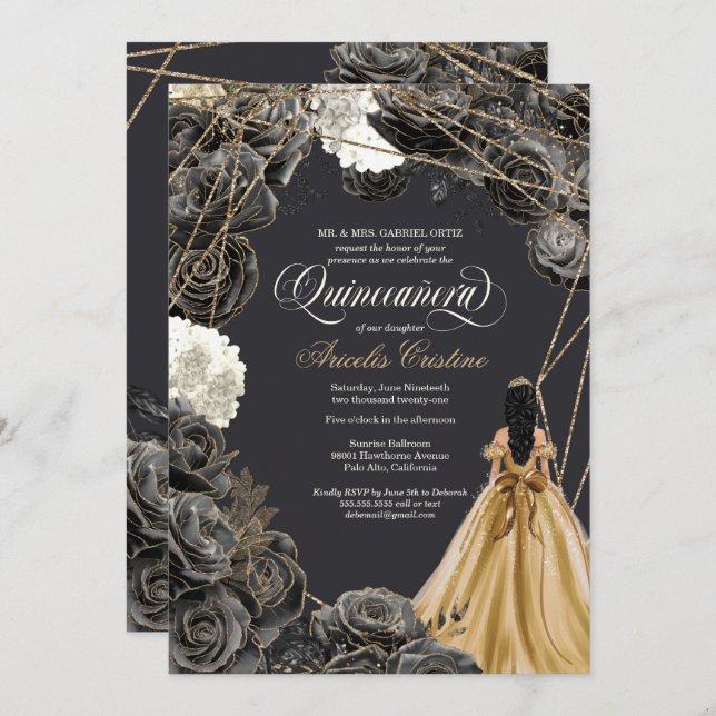 Quinceañera w Black Rose, Gold Gown & Glitzer Einladung (Vorne/Hinten)