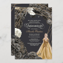 Quinceañera w Black Rose, Gold Gown & Glitzer In