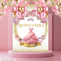 Quinceañera Wall Tapestes Rosa Kleid Gold Tiara
