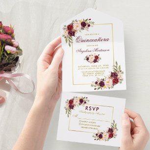 Quinceanera-Wasserfarbe Burgunderrot Floral Gold All In One Einladung