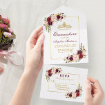 Quinceanera Watercolor Burgund Floral Gold Crown All In One Einladung<br><div class="desc">Elegante Burgund Aquarell Floral und Gold Quinceanera Alle in einer Einladung mit RSVP Card beinhaltet burgundische Rose,  rosa Rosen,  rote Rosen und botanische Vegetation. Goldrahmen. Goldkrone.</div>