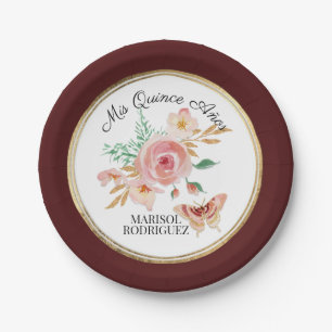 Quinceanera Watercolor Burgund Floral w Butterfly Pappteller