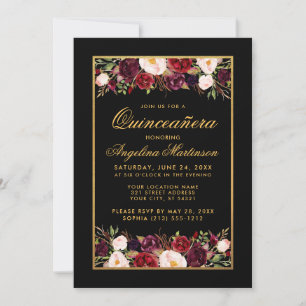 Quinceanera Watercolor Burgundy Floral Black Gold Einladung