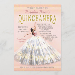 Quinceanera Watercolor Dress Blush Pink Gold Extra Einladung