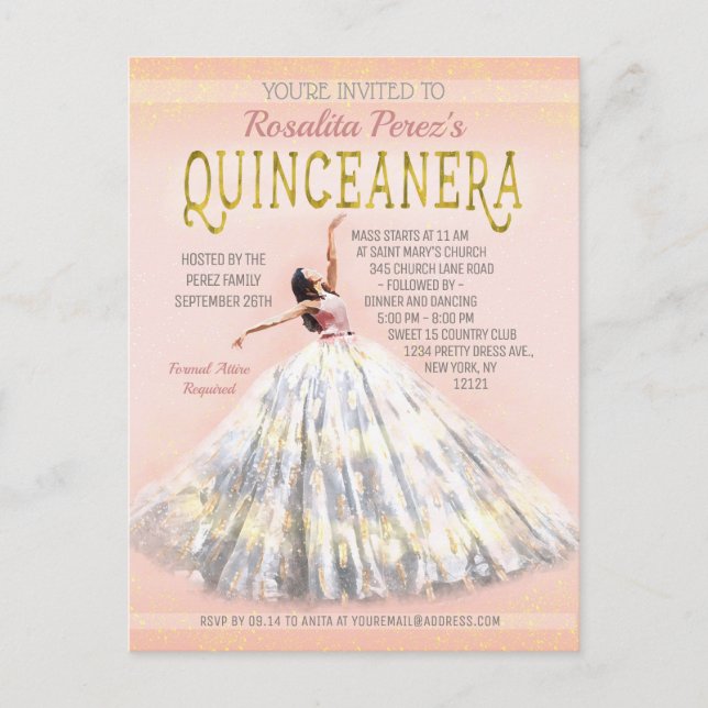 Quinceanera Watercolor Dress Blush Pink Gold Extra Postkarte (Vorderseite)