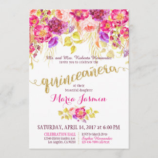 Quinceanera Watercolor Floral Gold Glitzer Einladung