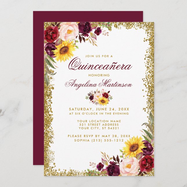 Quinceanera Watercolor Floral Gold Glitzer Einladung (Vorne/Hinten)