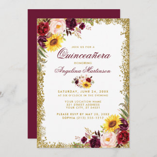 Quinceanera Watercolor Floral Gold Glitzer Einladung