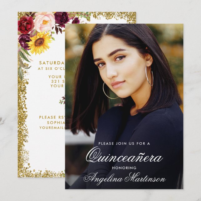 Quinceanera Watercolor Floral Gold Glitzer Foto Einladung (Vorne/Hinten)