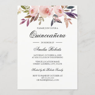 Quinceanera Watercolor Floral Pink Navy Lila Einladung
