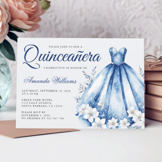 Quinceanera Watercolor Navy Blue Gown Einladung