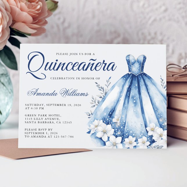 Quinceanera Watercolor Navy Blue Gown Einladung (Von Creator hochgeladen)