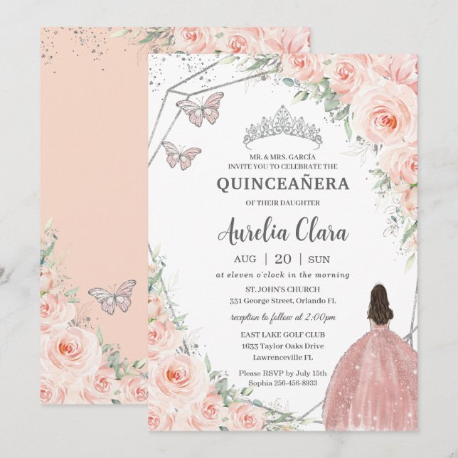 Quinceañera Weiche Blüte Blütenblüte Rose Silberkr Einladung (Vorne/Hinten)