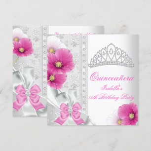 Quinceañera Weiß Rosa Blumen Diamant Tiara Einladung