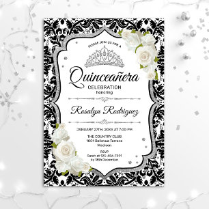 Quinceanera - Weiß Schwarz Damast Silber Einladung