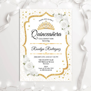 Quinceanera - Weiße goldene Blume Einladung