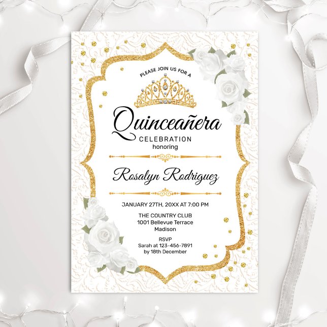 Quinceanera - Weiße goldene Blume Einladung (Von Creator hochgeladen)
