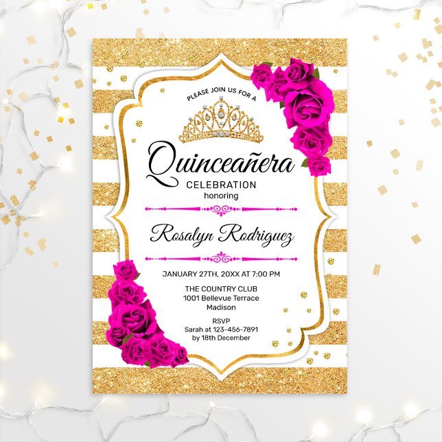 Quinceanera - Weiße goldene Streifen rosa Einladung (Von Creator hochgeladen)