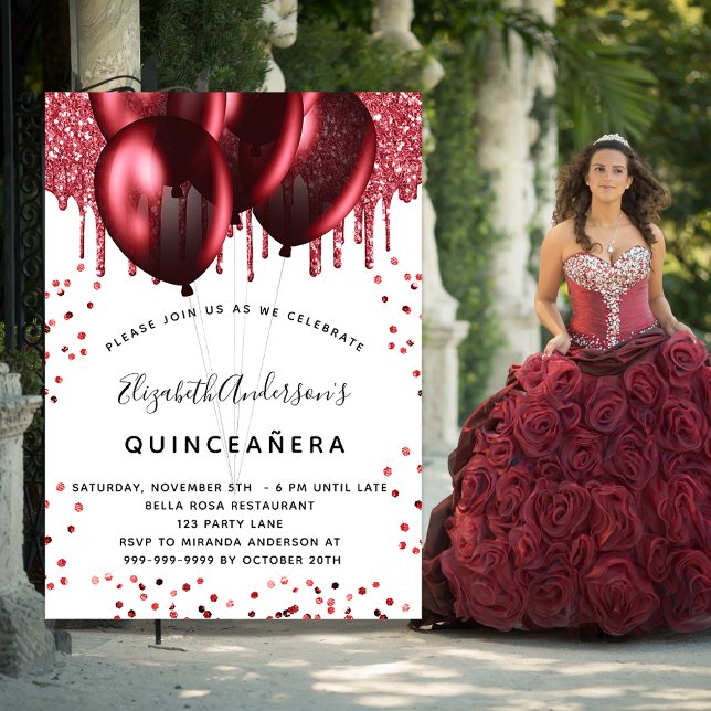 Quinceanera, weiße rote Luftballons Luxus Einladung (Von Creator hochgeladen)