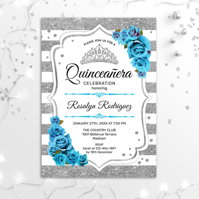 Quinceanera - Weiße Silberstreifen Blau Einladung (Von Creator hochgeladen)