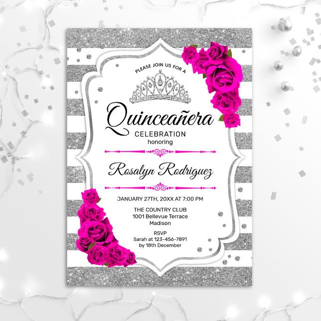 Quinceanera - Weiße Silberstreifen - Heiß rosa Einladung (Von Creator hochgeladen)