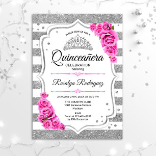 Quinceanera - Weiße Silberstreifen rosa Einladung